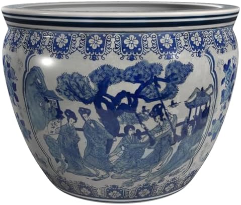 Red Lantern Oriental Furniture 16" Ladies Blue & White Porcelain Fishbowl, Large by RedLantern