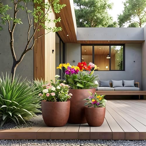 Kante Set of 3 Rusty Concrete Bowl Round Planters for Modern Home - Image 3