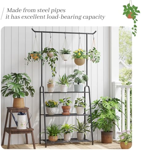 Kitsanery Plant Stand Indoor Outdoor,Metal Plant Stands for Multiple Plants,3 Tier Tall Hanging Plant Shelf,Large Heavy Duty Flower Holder Ladder Plant for Living Room, Patio, Balcony (Black) - Image 2