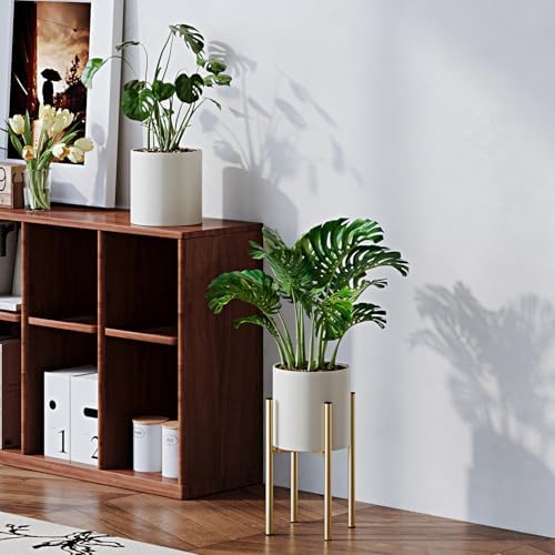 Metal Plant Pot with Adjustable Stand, Mid Century Modern Planter Holder Capacity of 160LB for 8 to 14 Inch, Living Room Garden Bedroom Office Indoor Outdoor Beige & Golden - Image 2