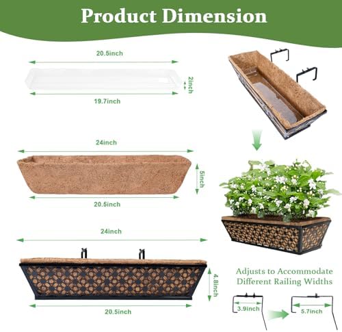 hehimhis Window Planter Box with Adjustable Bracket and Coco Liner for Porch, 24 Inch 4 Pack Balcony Planters Railing Hanging,Fence, Patio Hanging Planters for Garden Outdoor - Image 3