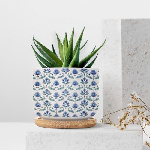 Blue Floral Planter Ceramic Mughal Flower Round Plant Pots with Drainage Holes and Bamboo Tray Pot for Succulents Cactus Garden Windowsill - Image 7