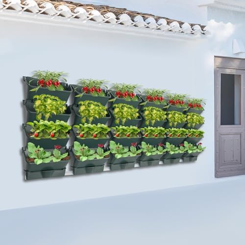 LYNICESHOP 24-Pack Wall-Mounted Vertical Garden Planter, Rectangular PP Self-Watering Indoor Outdoor Hanging Flower Herb Succulent Pots for Balcony Fence Deck (Military Green) - Image 3