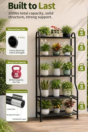 5-Tier Metal Plant Stand - Heavy Duty Indoor Outdoor Flower Shelf for Multiple Pots, 65" Tall Vertical Holder with Adjustable Leveling Feet & Wall-Fixing Kits, Black - Image 3