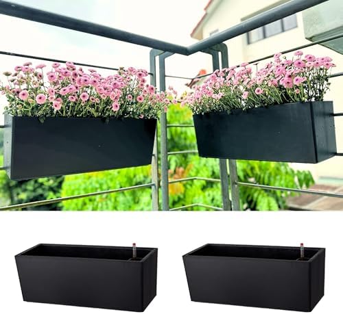 LaLaGreen Railing Planter Boxes (14 Inch, 2 Pack) Self-Watering Window Box Planters with Brackets, Rectangular Hanging Flower Pots for Balcony Deck Fence, Outdoor Herb Garden Plastic Planters Black by L%C3%A1L%C3%A1Green