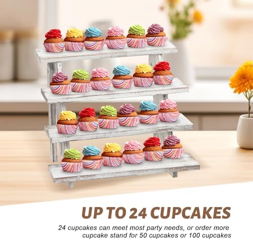 Wooden Cupcake Stand for 24 Cupcakes, 4 Tier Cupcake Display Stand Rustic Tiered Display Stand Dessert Table Display Set Cupcake Stand for Baby Shower Decorations Birthday Party Supplies Perfume Display(White 2Pcs) - Image 6