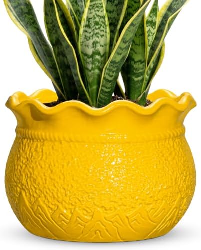 Ceramic Plant Pots Indoor, 10 Inch Large Planter, Yellow by Fivepot