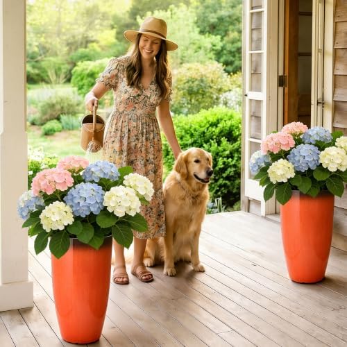 Autodaya 24" Faux Ceramic Large Planters for Outdoor Plants, Orange & Black - Image 3