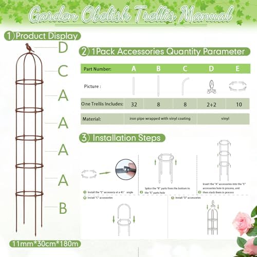 Sadnyy 2 Pack 7 ft Garden Trellis Obelisk for Rose Trellis Climbing Plants Outdoor Rustproof for Pots Tall Tower Plant Support Metal Garden Vines Flower Plants Support Outdoor Indoor(Brown) - Image 3