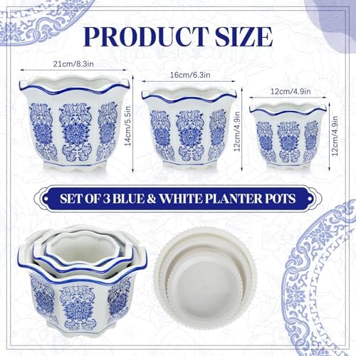 Briwooody Set of 3 Chinoiserie Planters Blue White Ceramic, Classic Style - Image 2