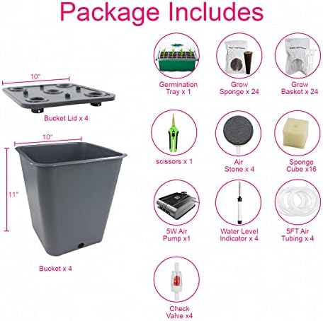 4 Hydroponic Buckets Kit for Plants, Hydroponics Growing System for Herbs/Tomato/Vegetables, DWC System with Air Pump & Germination Tray (Complete Indoor Hydroponic Gardening Supplies) - Image 3
