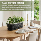 MyGift 13.5 inch Succulent Planter Pot, Oval Modern Ceramic Plant Box Container with Wave Textured Pattern and Removable Saucer Drip Tray (Black) - Image 2