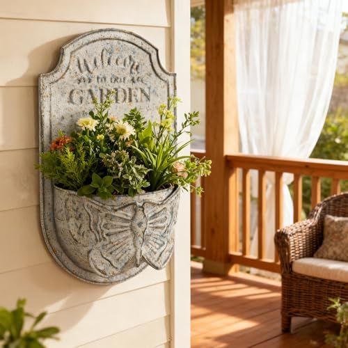 Rustic Metal Wall Planter with Butterfly Design, Welcome to Our Garden Hanging Flower Pot for Outdoor Indoor Decor, Vintage Galvanized Plant Holder for Patio, Porch, Garden by Unknown