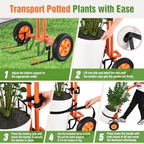Plant Caddy with Wheels, Heavy Duty Plant Mover Cart with Adjustable Grabbing Arm and Strap, 175 LBS T-Handle Plant Dolly with Suction Cups for Plant Pots Garden Pot Trolley Indoor Outdoor Use, Orange - Image 5