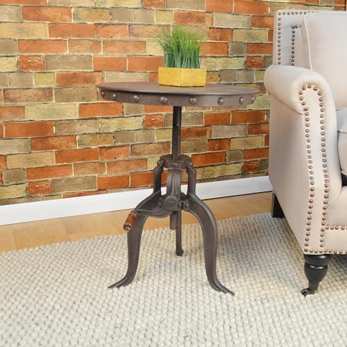Carolina Chair & Table Adjustable Hand Crank 18" Wooden Top Rustic Side Table - Cast Iron Base Round Accent Table for Farmhouse, Living Room, or Bedroom (Industruial) - Image 4