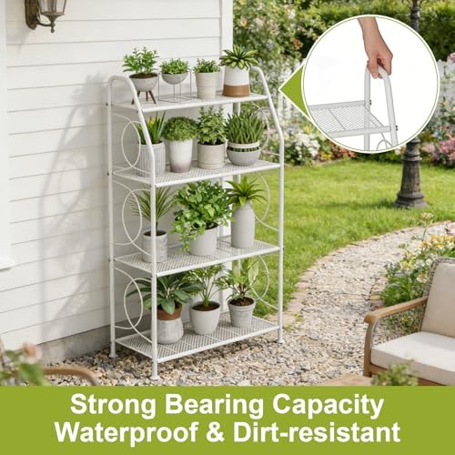 VyGrow Plant Stand, 4 Tier Plant Shelf for Indoor Outdoor, Heavy Duty Metal Tall Plant Stands Holder Rack for Living Room Balcony and Garden, White - Image 4