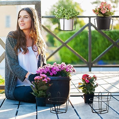 Wesiti 10 Pcs Round Hanging Railing Planters Outdoor Balcony Planters Metal Hanging Baskets Flower Pot Holder for Fence Indoor Porch Shelf Container(5.3 Inch,Black) - Image 7