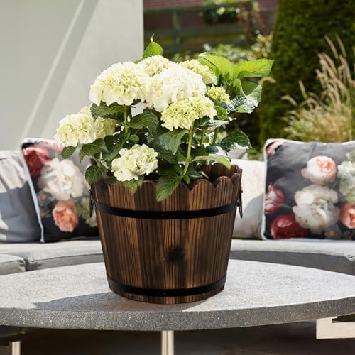 HakkaGirl Wooden Barrel Planters Flower Pots for Indoor Outdoor Plants, 10+11.5 inch Rustic Patio Garden Front Porch Planters Plant Pots Outdoor Decor Set of 2 - Image 7