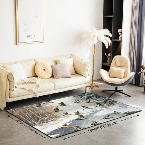 Erosebridal Mallard Duck Woodland Area Rug 6'6" x 4'11" Snow River Winter Living Room Rugs Hunting Wildlife Decorative Carpet Wild Ducks Plants White Indoor Floor Mat - Image 2