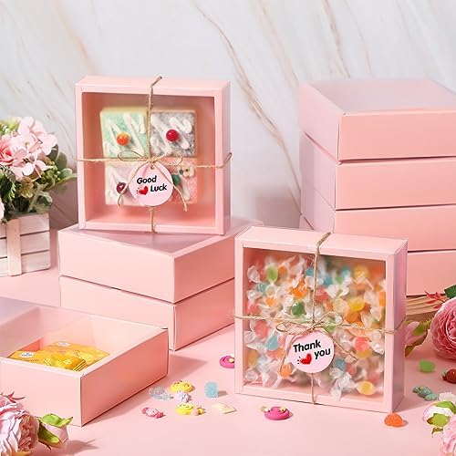 Roowest 50 Sets Gift Boxes Kraft with Tags, 6.5 x 6.5 x 2 Inch, Pink - Image 5