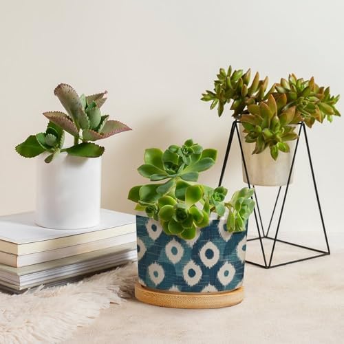 Blue and Ikat Bukhara Planter Ceramic Antique Ikat in Teal Round Plant Pots with Drainage Holes and Bamboo Tray Pot for Home Office Decoration - Image 4