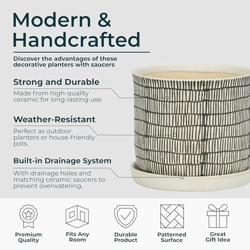 Set of 2 Geometric Decorative Ceramic Planter Pots with Saucer – Stoneware Outdoor & Indoor Plant Pots with Drainage – Modern Garden & Home Decor Ceramic Planters – 6" & 8", Ivory - Image 5