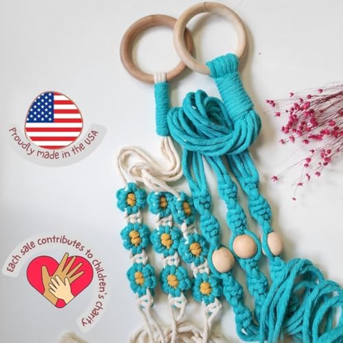 Set of 2 Macrame plant hanger with Daisies & Beads | Hanging plant holder Macrame Plant hangers outdoor and indoor hanging planters Plant stand indoor Boho Decor hanging planter stand (Ocean Teal) - Image 2