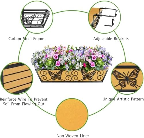 6 Pack 24 Inch Window Boxes Planters Railing Planter Box with Adjustable Brackets for Porch Fence Patio Balcony Hanging Flower Baskets with Woven Fabric for Outdoor Garden Decor - Black - Image 2