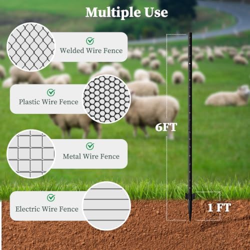 Metal Fence Posts 6 FT Black (Pack of 10) – Heavy Duty U Post for Wire Fencing, Rustproof Powder-Coated Steel Fence Stakes, No-Dig Fence Posts for Farm, Orchard, Yard & Temporary Fencing - Image 2