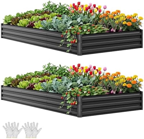YITAHOME 8x4x1ft 2pcs Large Raised Garden Bed Kit, Galvanized Metal Planter Box with Gloves, Ground Nails & Safety Rubber, Outdoor Above Ground Planters for Plants Vegetables Flowers, Black by YITAHOME