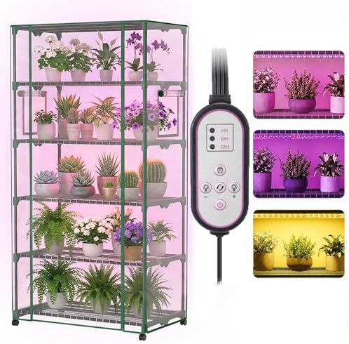 5 Tier Indoor Greenhouse with Grow Lights & Wheels & 2 Ventilation Windows , 36"x19"x70" Portable Green House Cabinet Kit with 5 Shelves Transparent PE Cover by XHIKOWAT