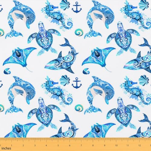 Nautical Upholstery by The Yard, Sea Turtle Shell and Shark Dolphin Animals Anchors DIY Art, Blue White, Wild Ocean Life, 5 Yards by Erosebridal