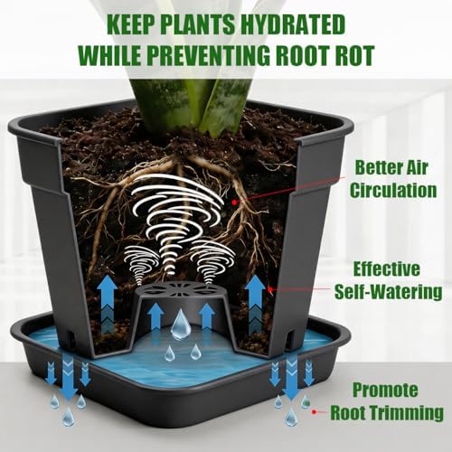 10 Inch Square Planters with Saucers 5 Pack,Heavy Duty Black Plant Pots - Image 2