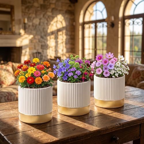 Set of 3 Cement Planter Pots with Drainage Hole,4 inch Plant Pots for Plants Indoor Houseplants,Succulent Pots Windowsil Planter (White&Gold) - Image 6