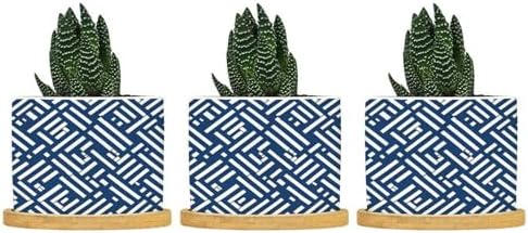 Lacefield Print Geometric Blue Planter Ceramic Chinoiserie Grandmillenial Trail Round Flower Pots with Drainage Holes and Bamboo Tray Pot for Succulents Cactus Garden by BRUYU5SE