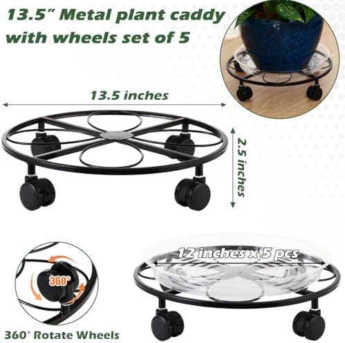5 Packs 13.5 inches Large Metal Plant Caddy with Wheels Round Planter Dolly Pot Mover Rollers Wrought Iron Rolling Plant Stands Indoor Outdoor Wheeled Plant Holder Coaster Trolley, Black - Image 3