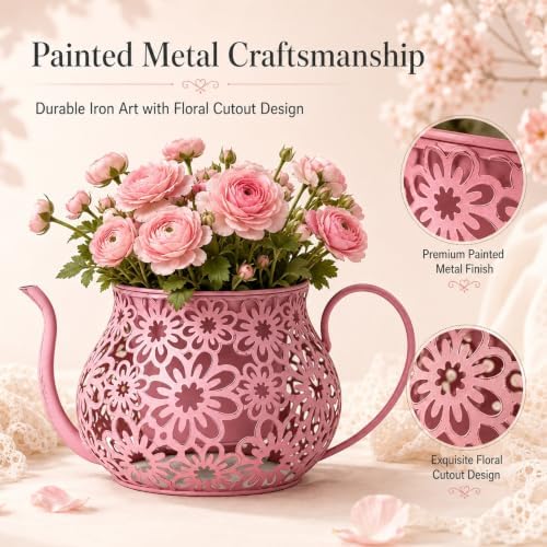 Pink Metal Teacup Planter with Drainage Hole 12 Inch Vintage Teapot Flower Pot with Floral Cut-Out & Handle for Outdoor Garden Patio Balcony Porch Indoor Home Decor - Image 6
