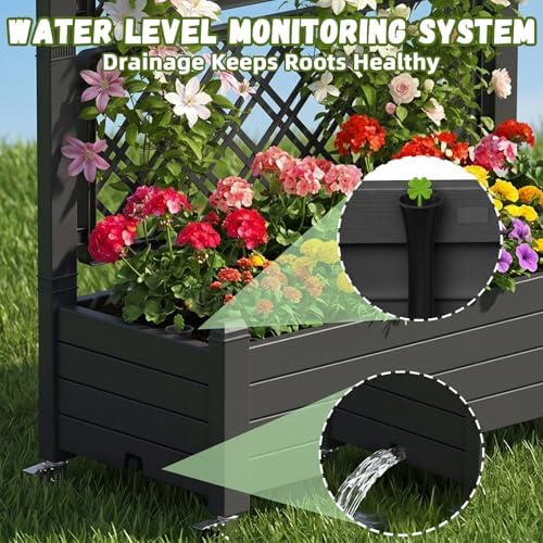 Vixzen Raised Garden Bed Elevated Planter Box Resin Outdoor Plant Stand with Wheels Climbing Trellis Drainage Water Gauge Gardening Patio(Black) - Image 2