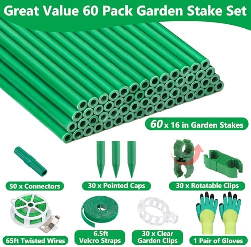 Lezmarket 60 Pack Garden Tomato Stakes(16" Each), Plant Support Stakes, DIY 4ft 5ft 6ft 7ft Sturdy Fiberglass Plant Sticks Support Garden Trellis for Growing Climbing Tomato Vegetables Flowers - Image 2