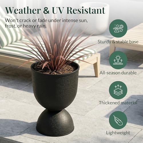 KOL Planters Flower Pots, Plastic Urn Planters for Indoor Outdoor Plants, Black Pedestal Planter Pots 2 Pack, 15 Inch Tall Decorative Planters with Drainage Holes & Plugs for Front Porch Patio Garden - Image 5