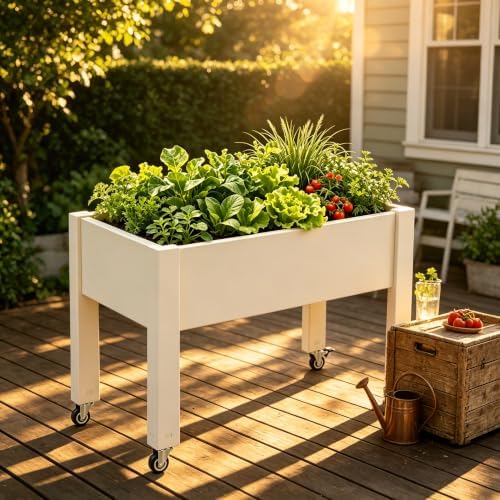 Elevated Raised Garden Bed with Wheels，74" Planter Outdoor Plants,White - Image 2