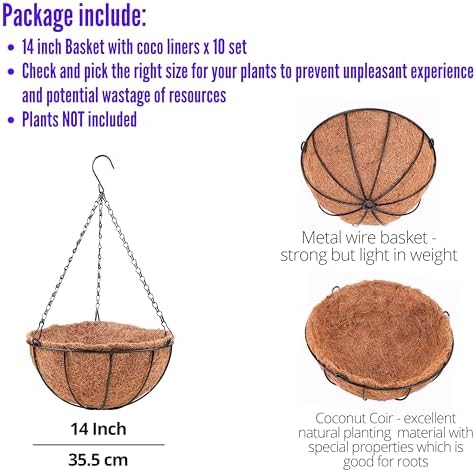LaLaGreen Hanging Baskets for Plants (14 in, 10 Pack) Black Coco Liner Pots - Image 2