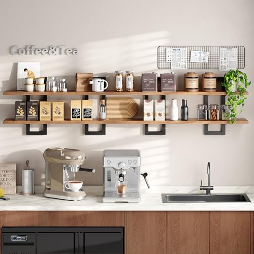 HOOBRO Floating Shelves, 15 Inch Wall Shelf Set of 4, Wall Mounted Storage Shelves 2-Tier, Hanging Bathroom Shelves, for Living Room, Bedroom, Bathroom, Kitchen, Rustic Brown and Black BF32BJP401 - Image 3