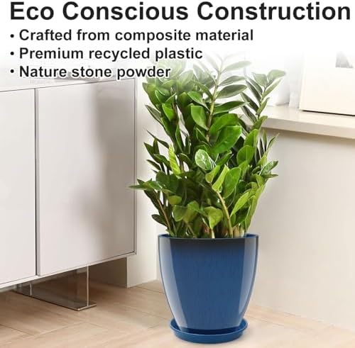 GameXcel Flower Pot Indoor - Outdoor Plant Pot - Navy Blue Glossy Planter - Elegant Ceramics Imitation - 12" Diameter 12" Tall with Drainage Holes and Saucer 2 Pack - Image 3