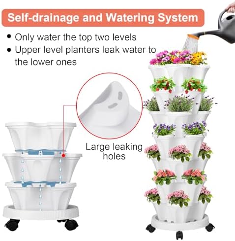 GameXcel Vertical Planter Tower - 7 Tier Stackable Garden Planters with Wheels and Tools Plant Pots for Strawberry Herb Flower and Vegetable Indoor Outdoor Use White - Image 3