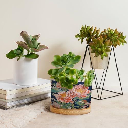 Bright and Chinoiserie Ceramic Planter Coral Peony Floral Flower Pots for Indoor Plants with Drainage Holes and Saucers Pot for Outdoor Garden Home Plant - Image 4