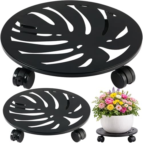 2-Pack 12" Round Metal Plant Caddy with Wheels Heavy-Duty Large Rolling Plant Stand Indoor Outdoor Wheeled Planter Dolly Cart Coaster Flower Pot Mover Roller Base, Garden Trolley by Unknown