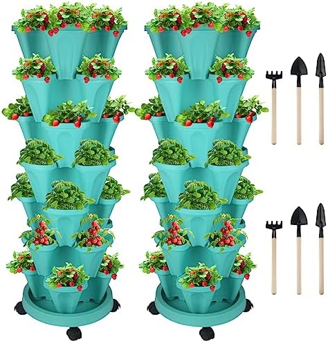 GameXcel Vertical Planter Tower - 7 Tier Stackable Garden Planters with Wheels and Tools Plant Pots for Strawberry Herb Flower and Vegetable Indoor Outdoor Use Teal 2 Pack by GameXcel