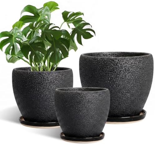 Ceramic 10+8+6 Inch Planter, Ceramic Pots for Plants, Relief Black by EPFamily