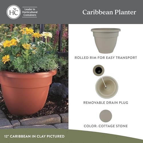 The HC Companies Caribbean Planter Pot - Outdoor & Indoor Plant Pot with Drainage Hole & Plug - Rolled Rim Plastic Pots for Plants & Flowers - Decorative Plant Pot (20" Cottage Stone, Pack of 1) - Image 2